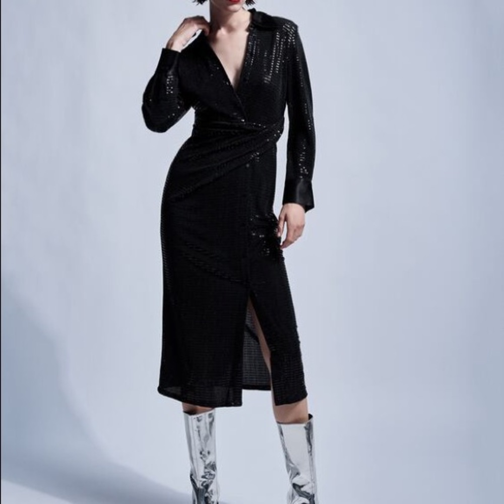 ZARA Black Sparkly Shirt Long Sleeve Dress - Picture 2 of 7